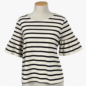 Womens XL Navy Stripe Cotton Top Nautical Preppy Classic Bell Sleeve Shirt